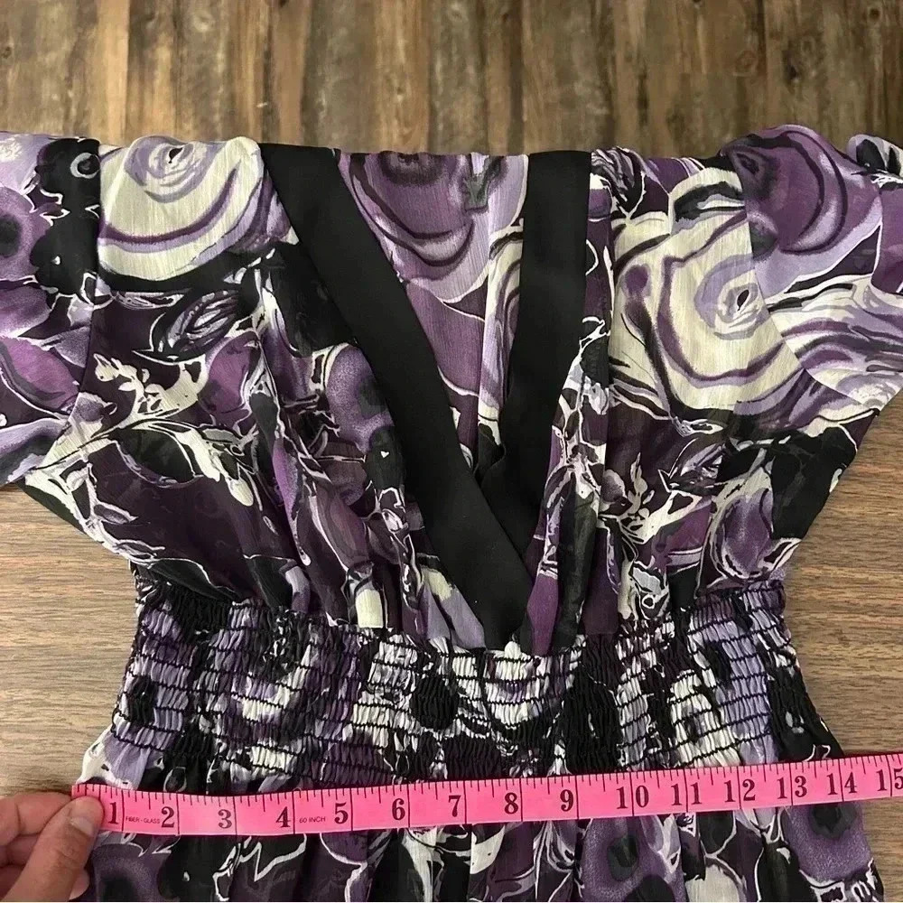 NWT Reitmans Purple Floral Smocked Blouse Size M Sheer V-Neck Peplum Top - Picture 10 of 12